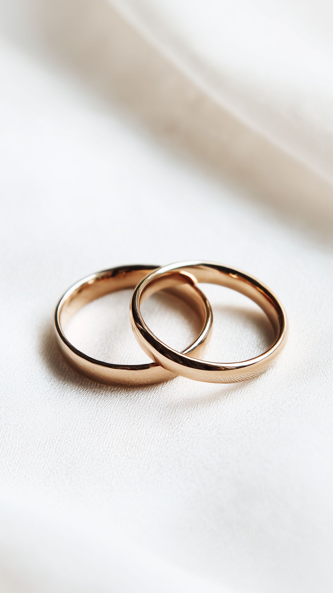 Two gold wedding bands resting on ivory fabric